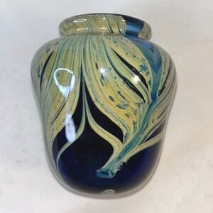 Julian Wolff 1973 Signed Studio Art Glass Vase Cobalt Blue Pulled Feather 5.5"